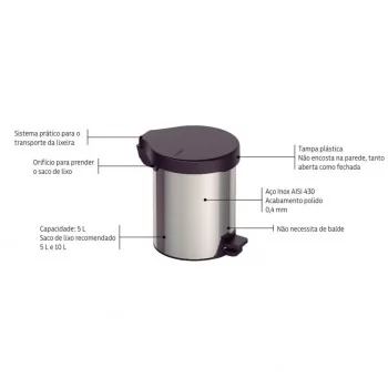 LIXEIRA INOX C/ PEDAL NEW 5LT - TRAMONTINA