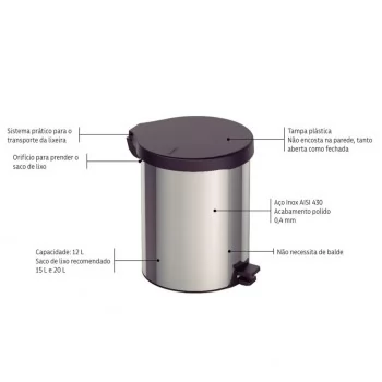 LIXEIRA INOX C/ PEDAL NEW 12LT - TRAMONTINA