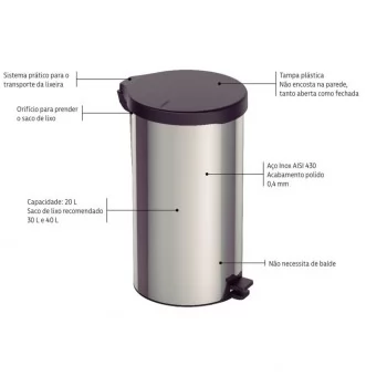LIXEIRA INOX C/ PEDAL NEW 20LT - TRAMONTINA