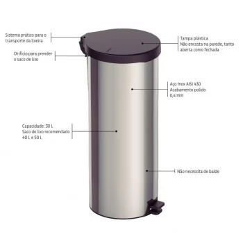 LIXEIRA INOX C/ PEDAL NEW 30LT - TRAMONTINA