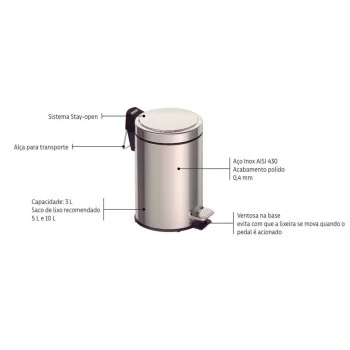 LIXEIRA ACO INOX C/ PEDAL BRASIL 3LT - TRAMONTINA