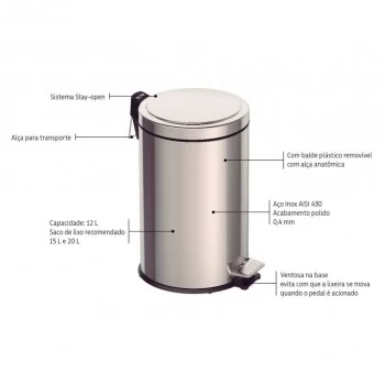 LIXEIRA ACO INOX C/ PEDAL BRASIL 12LT - TRAMONTINA