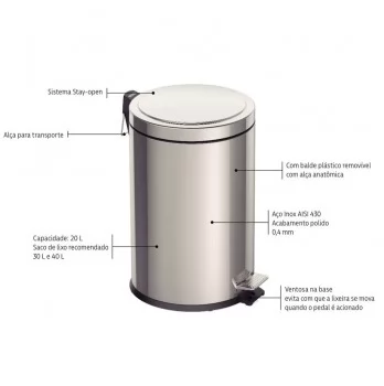 LIXEIRA ACO INOX C/ PEDAL BRASIL 20LT - TRAMONTINA