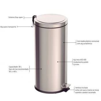 LIXEIRA ACO INOX C/ PEDAL BRASIL 30LT - TRAMONTINA